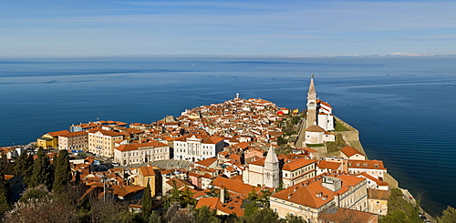 View from a hill overlooking the old town of Piran and St. George Church, Piran, Slovenvia, Europe