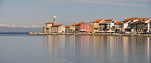 Panoramic view along the waterfront of Piran, Slovenia, Europe