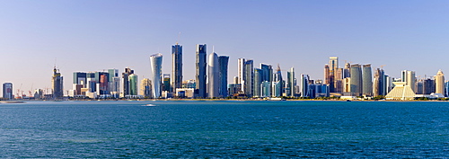 Modern skyline including Al Bidda Tower, Palm Towers, Burj Qatar and Tornado Tower, Doha, Qatar, Middle East