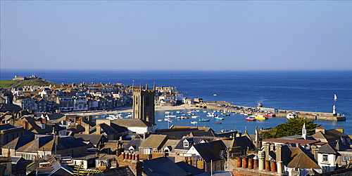 Panoramic photo of St. Ives church and old harbour, St. Ives, Cornwall, England, United Kingdom, Europe 