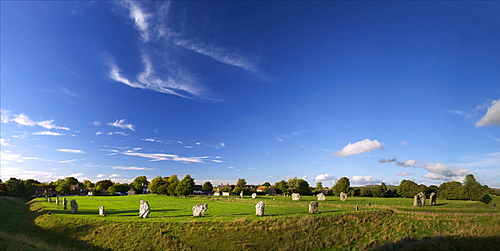 Panoramic photo of Megalithic stone circle, Avebury, UNESCO World Heritage Site, Wiltshire, England. United Kingdom, Europe