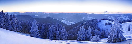 View from the Belchen summit at sunrise in the direction of Feldberg, Black Forest, Baden-Wuerttemberg, Germany, Europe