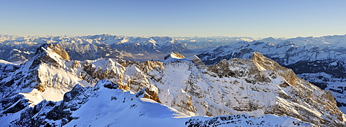 Panoramic view as seen from the 2436 meters high Altmann mountain and Altmannsattel saddle, Appenzell Alps, canton of Appenzell Innerrhoden, Switzerland, Europe