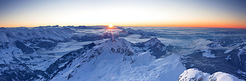 Saentis mountain in the evening light in winter, Appenzell region, Swiss Alps, Switzerland, Europe