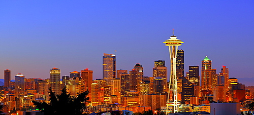 Panoramic night shot, skyline of the Financial District in Seattle with Space Needle, Columbia Center, formerly known as Bank of America Tower, Washington Mutual Tower, Two Union Square Tower, Municipal Tower, formerly Key Tower and the U.S. Bank Center, 