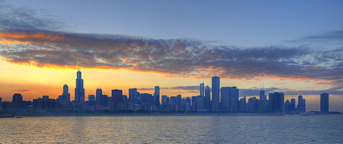 Dawn, Willis Tower, formerly the Sears Tower, 311 South Wacker, John Hancock Center, Aon Center, 77 West Wacker Drive, Two Prudential Plaza, Smurfit-Stone Building, Trump International Tower, skyscrapers on the skyline, Lake Michigan, Chicago, Illinois, U