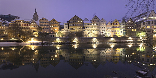 Houses reflected in the Neckar river in Tuebingen, Baden-Wuerttemberg, Germany, Europe