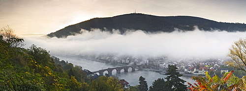 Heidelberg on the Neckar river with Karl-Theodor-Bruecke bridge, and the old town on a misty autumn morning, Baden-Wuerttemberg, Germany, Europe