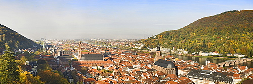 Panoramic views from Heidelberger Schloss, Heidelberg Castle, across the old town, Heidelberg, Baden-Wuerttemberg, Germany, Europe