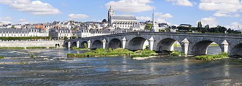 Cityscape of Blois with the Loire River bridge, Pont Jacques Gabriel, and Blois Cathedral, department of Loire et Cher, France, Europe