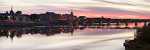 Pont Cessart Bridge reflecting in the Loire River, Saumur, Pays de la Loire, department of Maine et Loire, France, Europe