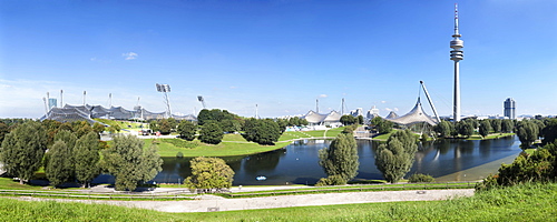 Olympic Park and Olympic Stadium, TV tower, Olympic Hall and BMW Tower, Munich, Upper Bavaria, Bavaria, Germany, Europe