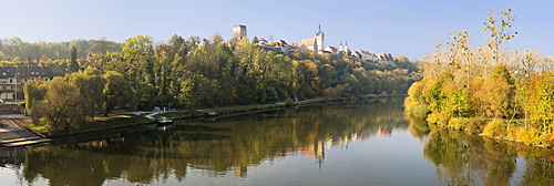 Bad Wimpfen reflected in the Neckar river in autumn, Bad Wimpfen, Bad-Wuerttemberg, Germany, Europe