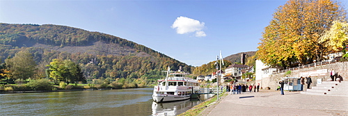 Excursion ship on the Neckar river, Neckarsteinach, Baden-Wuerttemberg, Germany, Europe