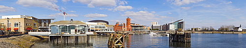 Panorama of Cardiff Bay with Mermaid Quay and The Pierhead building over Inner Harbour, Cardiff, Caerdydd, South Glamorgan, Wales, United Kingdom, Europe