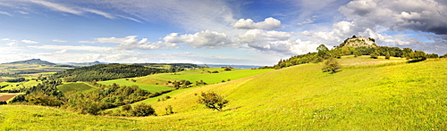 Panoramic view into the Hegau from the western slope of Hohentwiel, an extinct volcano in the Hegau region, district of Konstanz, Baden-Wuerttemberg, Germany, Europe