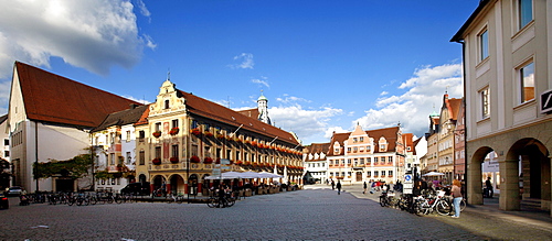 Steuerhaus building with Cafe Hampton on the marketplace, in the back the Grosszunft building, Memmingen, Lower Allgaeu, Allgaeu, Swabia, Bavaria, Germany, Europe