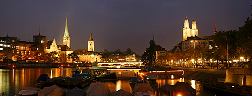 Panorama from the Quaibruecke bridge at night, Bellevue, Zurich, Switzerland, Europe