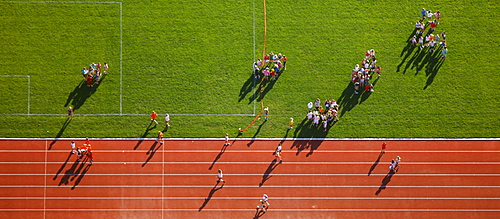 Aerial view, Ischelandstadion, sports stadium, with student group, sports meeting, Federal Youth Games, athletics, Hagen, Ruhr Area, North Rhine-Westphalia, Germany, Europe