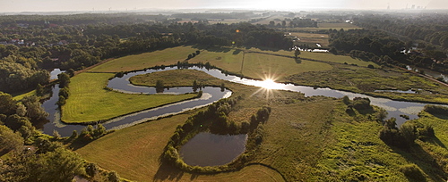 Aerial view, floodplains of the Lippe river, meandering Lippe river, river bends, renaturation, Life-Project of the state government of NRW, Hamm, Ruhrgebiet area, North Rhine-Westfalia, Germany, Europe