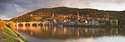 Historic centre of Heidelberg with castle ruins, Karl Theodor Bridge and Heilig Geist Church, Heidelberg, Baden-Wuerttemberg, Germany, Europe