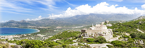 Views over the Gulf of Calvi with the chapel Notre Dame de la Sierra, Balagne, West Corsica, Corsica, France, Europe