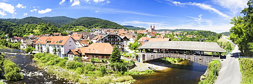 Historic wooden bridge in Forbach, Murg Valley, Black Forest, Baden-Wuerttemberg, Germany, Europe