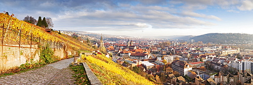 View from a ridge walk towards Esslingen in autumn, Esslingen am Neckar, Baden-Wuerttemberg, Germany, Europe