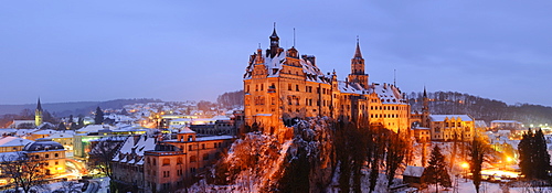 Sigmaringen Castle in winter at dusk, Baden-Wuerttemberg, Germany, Europe