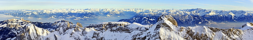 Panoramic view from Mt Saentis of southeast Alpstein area, Allgaeu, Vorarlberg and Grisons Alps in the back, Canton of Appenzell Innerrhoden, Switzerland, Europe