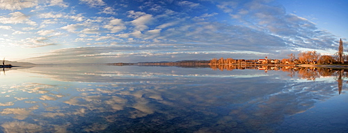 Water reflection on Lake Constance on Reichenau island, Baden-Wuerttemberg, Germany, Europe