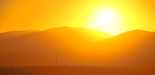 Sunset over the volcanic mountains in the Montana Tindaya mountains, Fuerteventura, Canary Islands, Spain, Europe