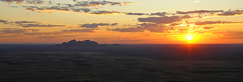 Panorama, aerial view of The Olgas at sunset, Uluru-Kata Tjuta National Park, Northern Territory, Australia