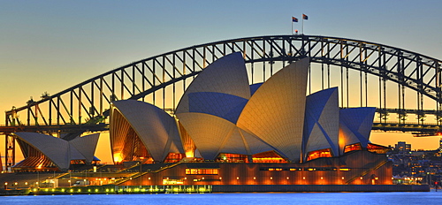 Sydney Opera House, Sydney Harbor Bridge, night, Sydney, New South Wales, Australia