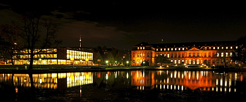 Night shot, panorama, Landtag parliament of Baden-Wuerttemberg, Neues Schloss palace, reflection in the Eckensee lake, Stuttgart, Baden-Wuerttemberg, Germany, Europe