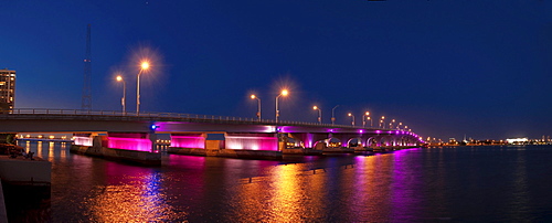 MacArthur Causeway Bridge at night in Miami, Florida, USA