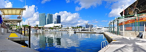 View onto American Airlines Arena and skyline from Bayside Mall in Miami, Florida, USA