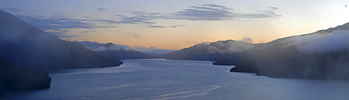 Morning fog lingers over Marlborough Sounds near Havelock, New Zealand