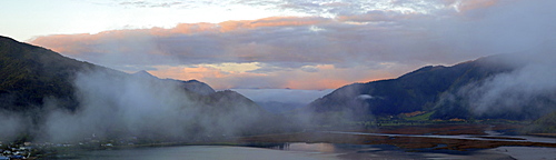 Morning fog lingers over Marlborough Sounds near Havelock, New Zealand