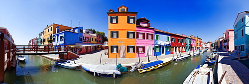 Panoramic view of the city with colorfully painted houses and canals of Burano, Venice, Italy, Europe