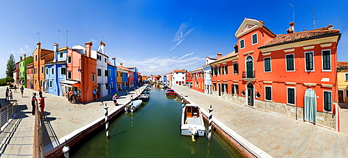 Panoramic view of the city with colorfully painted houses and canals of Burano, Venice, Italy, Europe