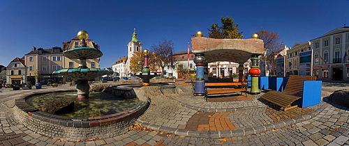 Hundertwasser fountain and townhall in Zwettl main square, Waldviertel or Forest Quarter, Lower Austria, Europe