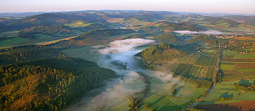 Aerial photo, morning fog, hilly landscape, Meschede Buchholz, Meschede, Hochsauerlandkreis, Sauerland, North Rhine-Westphalia, Germany, Europe