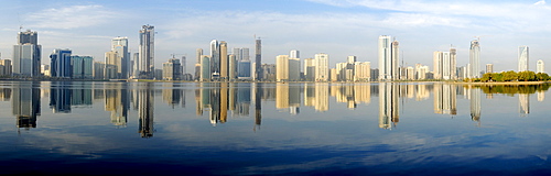 Skyline and corniche of Sharjah City, Emirate of Sharjah, United Arab Emirates, Arabia, Near East