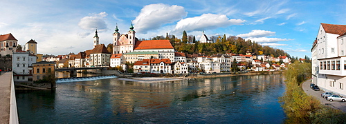 Confluence of the Enns River and Steyr River, Michaelerkirche Church in Steyr, Upper Austria, Europe