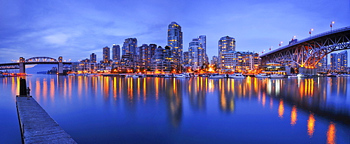 Skyline of Vancouver Down town, evening light, False Creek, British Columbia, Granville Street Bridge, Canada, North America