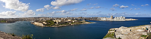 View of Sliema Beach, Sliema Creek Manoel Island and Lazzaretto Creek over Marsamxett Harbour from Valletta, Malta, Europe