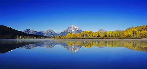 Mt. Moran and Teton Range reflecting in Snake River at sunrise fall colors, Oxbow Bend, Grand Teton National Park, Wyoming, USA