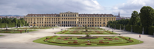 Schoenbrunn Palace in spring, picture taken from the parterre, panorama photograph, Vienna, Austria, Europe