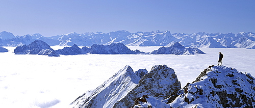 Panoramic view of the Karwendel Range in sea of fog, view of Mieminger Chain and Stubai Alps, Upper Bavaria, Bavaria, Germany, Europe